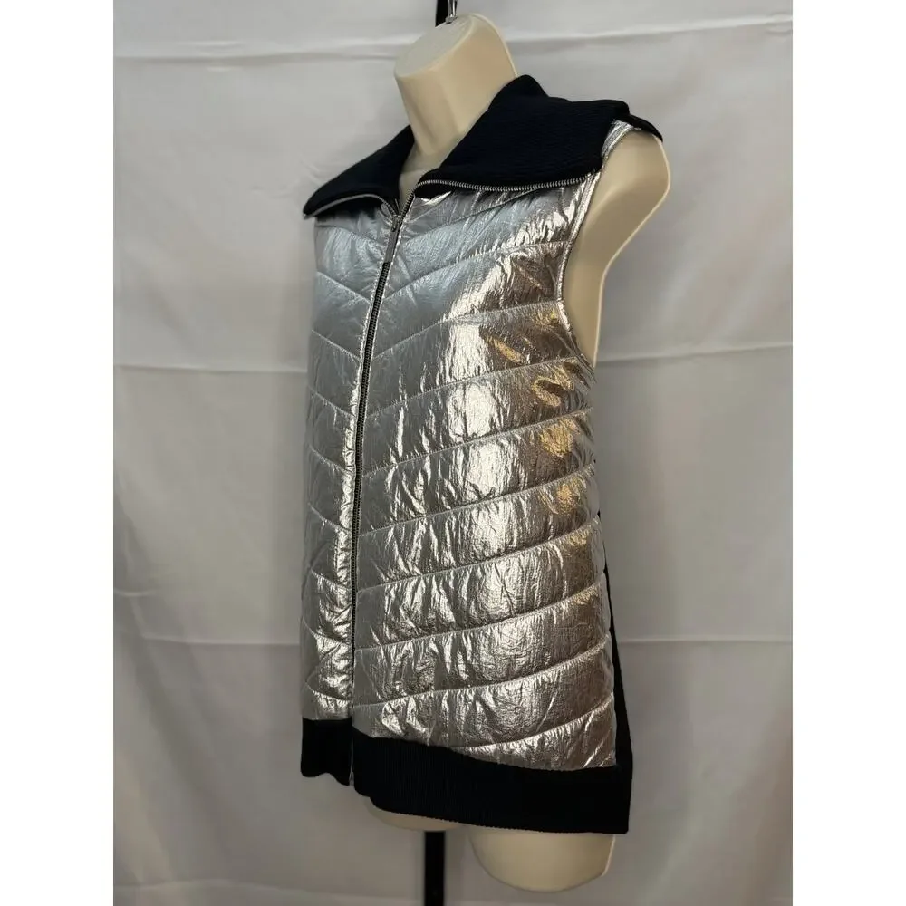 Michael Kors Puffer Vest Sweater Black Silver Foil Metallic Size XL NWT